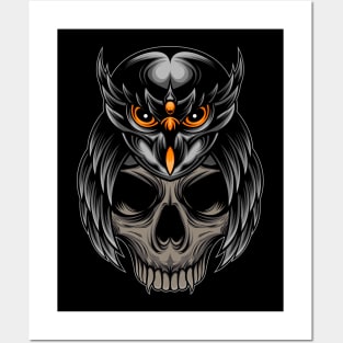 Owl head and skull Posters and Art